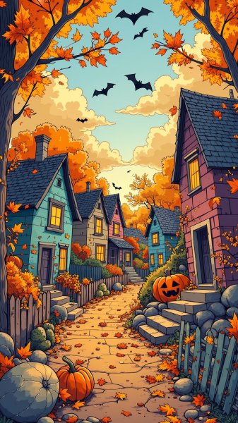 Очаровательная деревня в стиле doodle: Хэллоуин и мистические домики. Генерация из нейронной сети Flux 1