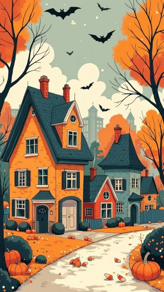 Очаровательная улица в стиле наивного искусства на Хэллоуин. Изображение из нейронной сети Flux Ai