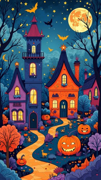 Хэллоуин в сказочном мире: яркая иллюстрация гуашью под звездным небом. Генерация из нейронной сети Flux