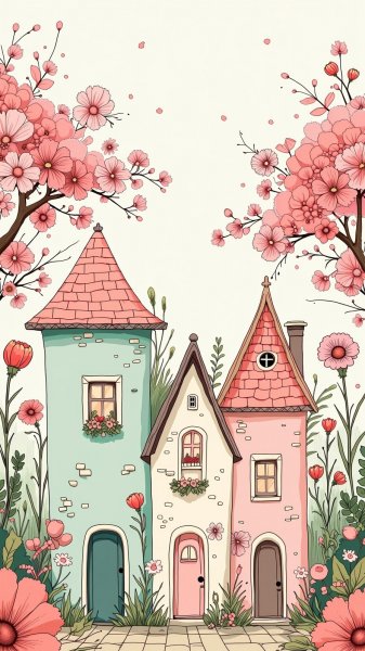 Весенние домики: нежная акварельная сказка в пастельных тонах. Картинка из нейронной сети Flux Ai