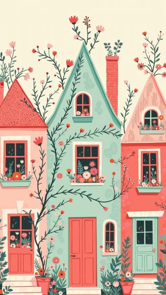 Милые домики в пастельных тонах – очарование наивного фольклорного искусства. Генерация из нейросети Flux Ai