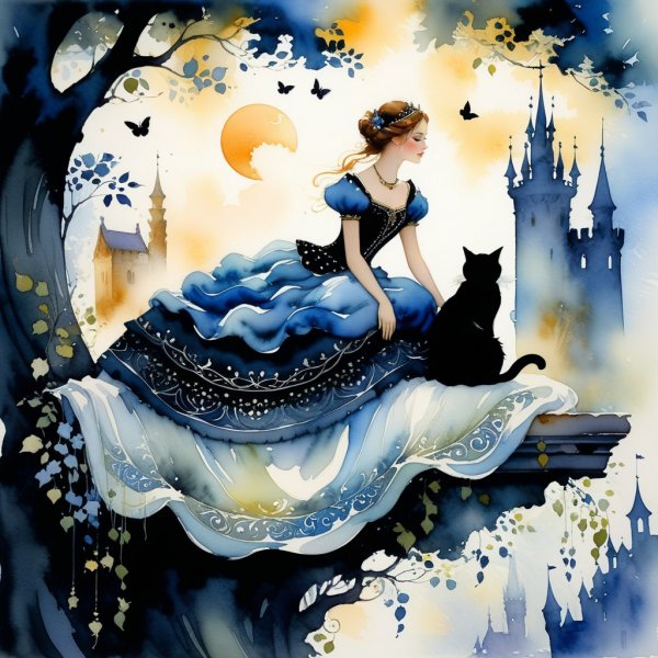 Нежная акварель: принцесса, коты и сказочный мир. Картинка из нейросети Stable Diffusion