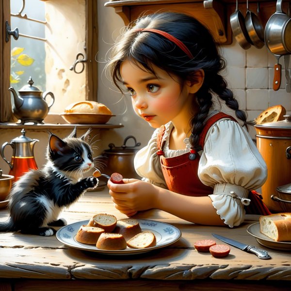 Девочка и кот: сценка из домашней жизни в стиле Жана Батиста Монге. Картинка из нейросети Stable Diffusion