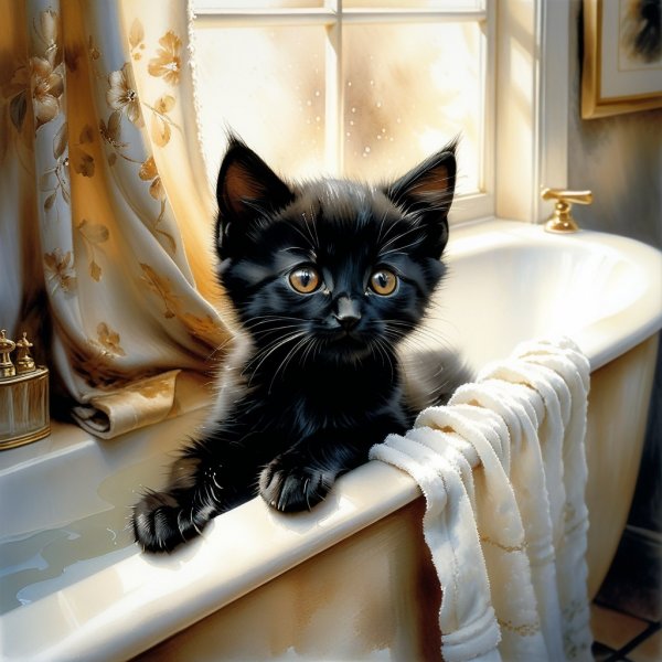 Испуганный котенок в ванной комнате: нежная акварель и деликатный рисунок. Картинка из нейросети Stable Diffusion