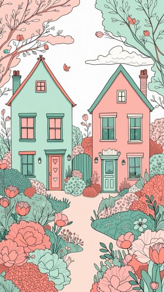 Весеннее настроение: пастельные дома и игривый сад. Картинка из нейронной сети Flux