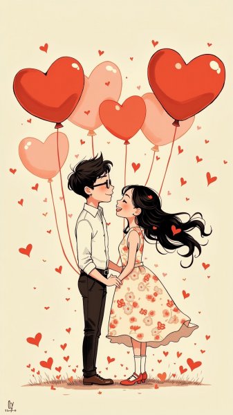 Влюбленные в облаке сердец: нежная иллюстрация любви и радости. Генерация из нейронной сети Flux Ai