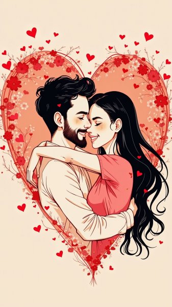 Влюбленные в сердце из красных сердец: романтичная иллюстрация акварелью. Картинка из нейронной сети Flux.1