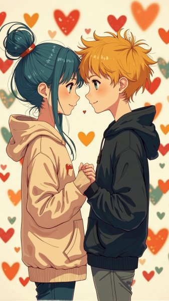 Две души в объятиях сердца: нежная иллюстрация любви и близости. Изображение из нейронной сети Flux.1