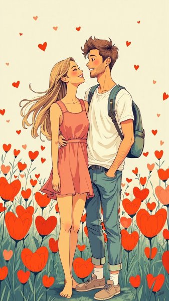 Влюблённые на сердцецветущем поле: иллюстрация. Нейросеть Flux Ai