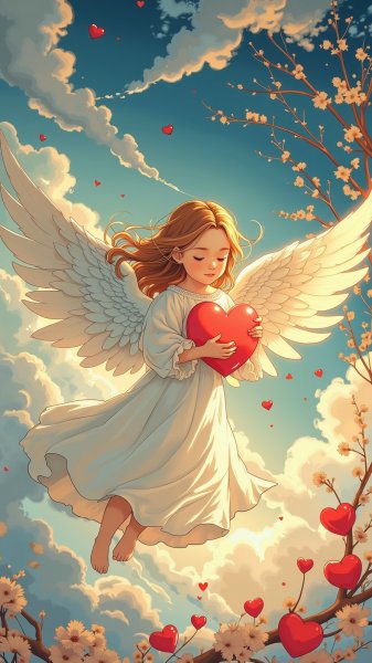 Небесный ангел с сердцем: мечтательное спокойствие и эстетика чернил. Изображение из нейросети Flux Ai