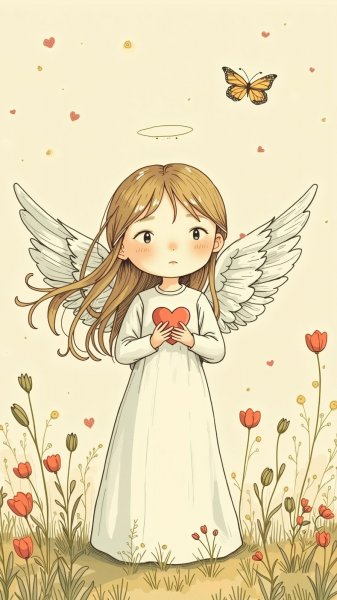 Ангел с добрым сердцем в умиротворенном пейзаже: нежная иллюстрация в стиле фэнтези. Картинка из нейронной сети Flux.1