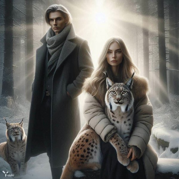 Зимняя встреча: человек, женщина и дикий хищник в ледяном царстве. Генерация из нейронной сети Dalle