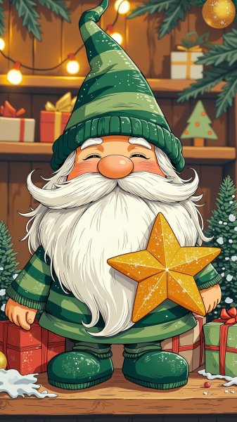 Волшебный гном с золотой звездой: уютная иллюстрация в стиле гуашь. Картинка из нейронной сети Flux.1