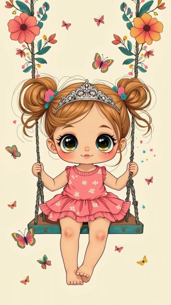 Кукла на качелях в мире цветов и бабочек. Нейросеть Flux 1