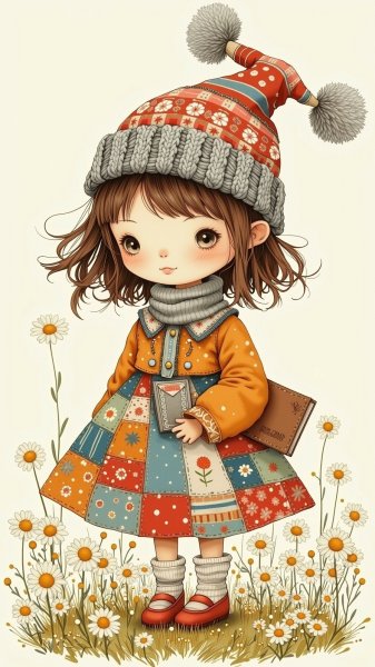 Кукла в поле ромашек: иллюстрация народного искусства с яркими красками и деталями. Нейронная сеть Flux