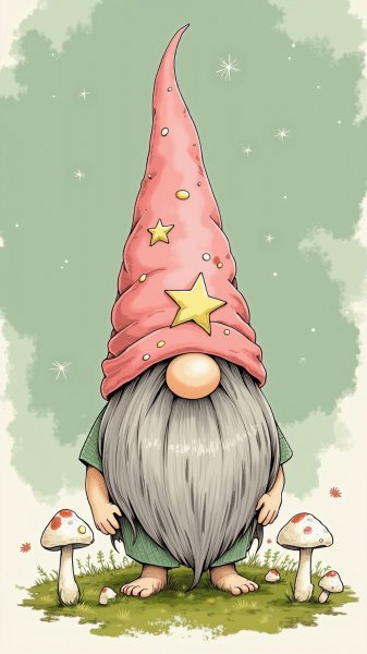 Милый гном с седой бородой и розовым колпачком на зеленой мхе среди белых грибов. Изображение из нейросети Flux.1