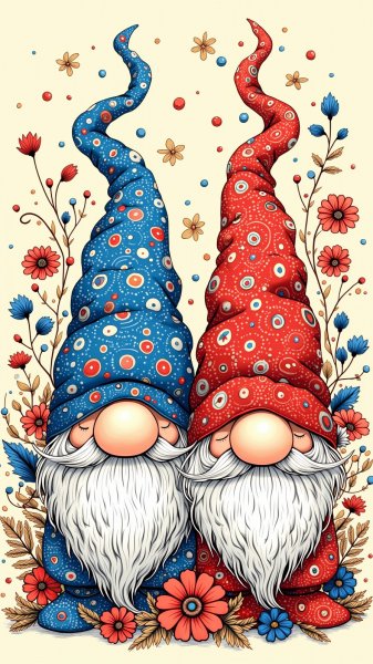 Забавные гномы в дзен-тангле: игривый дизайн с узорами и цветами. Картинка из нейросети Flux