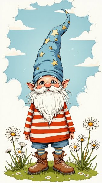 Сказочный гном с небесно-голубой шляпой и звездным убранством на лугу с ромашками. Нейронная сеть Flux.1