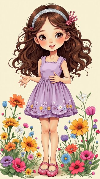 Милая кукла в лиловом платье: рисунок в стиле Zentangle. Картинка из нейронной сети Flux 1
