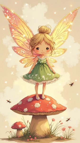 Волшебная фея на шляпке гриба в сказочном лесу. Картинка из нейронной сети Flux