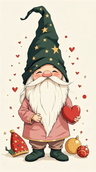 Очаровательный гном с сердцем и праздничным настроением. Картинка из нейросети Flux Ai