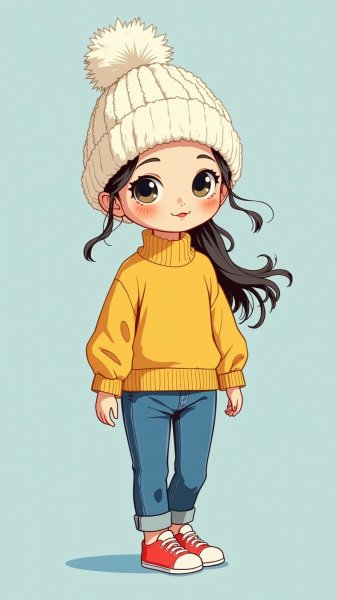 Милая кукла в жёлтом свитере и шапке с помпоном: иллюстрация полного очарования. Генерация из нейронной сети Flux Ai