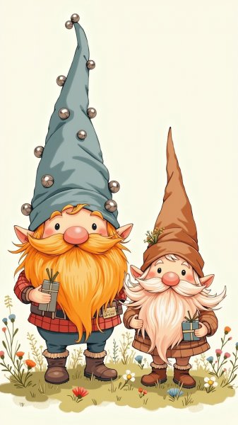 Очаровательные гномы с дарами на лугу среди цветов. Нейросеть Flux.1