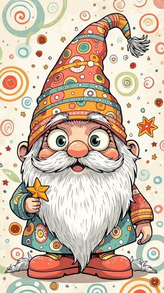Забавный гном с волшебной звездой в мире фантазий и ярких узоров. Нейросеть Flux