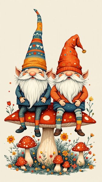 Два гнома на грибке: сказочная иллюстрация народного творчества. Картинка из нейросети Flux Ai