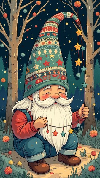 Зачарованный лесной гном с волшебными звёздами и узорами. Изображение из нейросети Flux.1