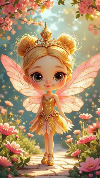 Волшебная фея в золотом саду: сказочная иллюстрация для игрушек. Изображение из нейронной сети Flux Ai