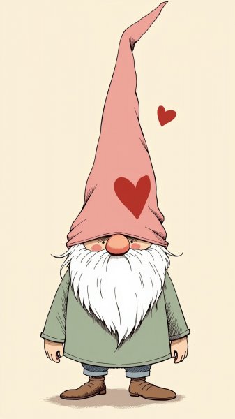 Милый гном с розовой шляпой и пушистой бородой в пастельной обстановке. Нейросеть Flux.1