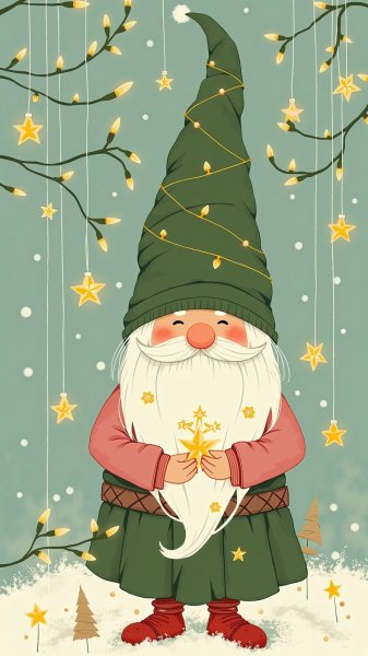 Новогодняя сказка гнома с золотыми звездами и яркими огоньками. Генерация из нейронной сети Flux.1