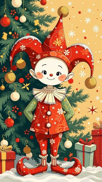 Весёлый шут у новогодней ёлки с золотыми колокольчиками. Генерация из нейронной сети Flux.1