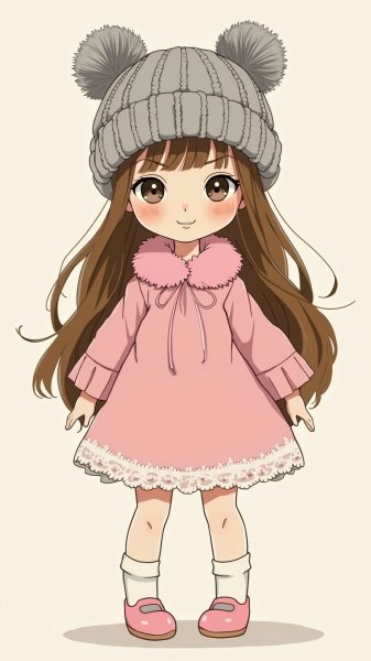 Кукла в розовом платье и серой шапке с помпонами. Картинка из нейросети Flux 1