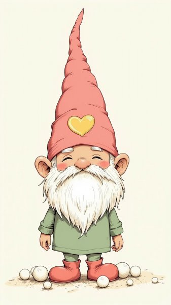 Забавный гном: Zentangle рисунок с розовой шляпой и золотым сердцем. Генерация из нейросети Flux