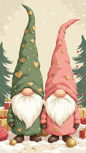 Гномы в блестящих нарядах среди праздничных украшений. Генерация из нейросети Flux.1