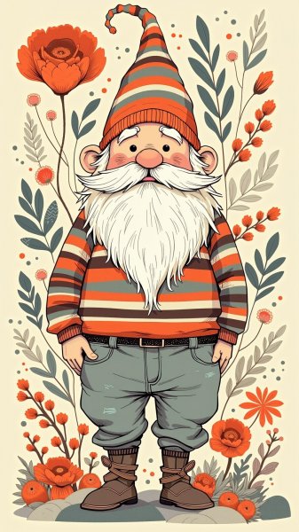 Забавный гном в полосатой рубашке среди осенней листвы и цветов. Изображение из нейронной сети Flux