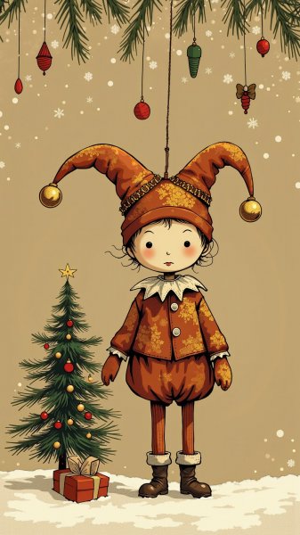 Праздничный персонаж: шут с новогодней елочкой в народном стиле. Картинка из нейронной сети Flux.1