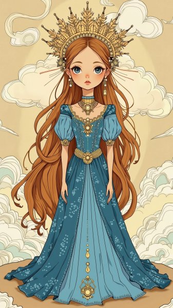 Сказочная кукла в голубом платье с серебряной отделкой и звездной короной на голове. Изображение из нейронной сети Flux 1