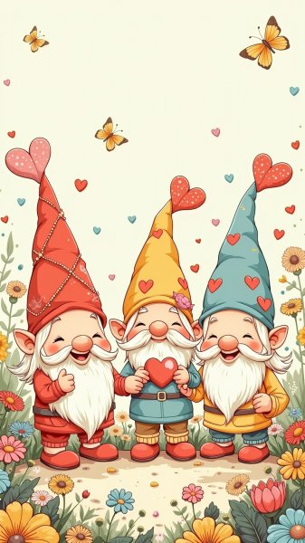 Весёлые гномы в пастельных тонах: праздник в волшебном саду с цветами и бабочками. Генерация из нейросети Flux 1