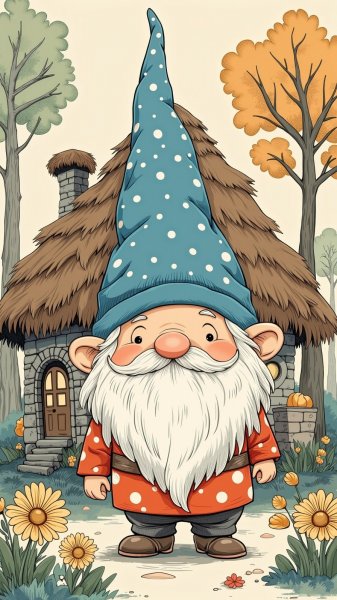 Забавный гном у уютного домика в волшебном лесу. Генерация из нейронной сети Flux 1