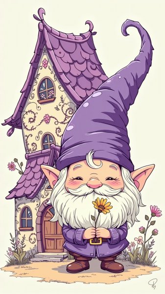 Очаровательный гном с цветком перед сказочным домиком. Генерация из нейросети Flux