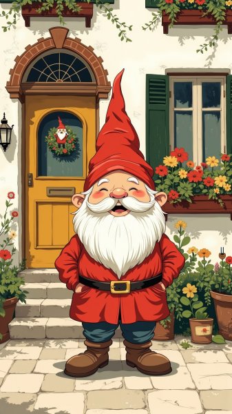 Радостный гном в народном стиле и уютный домик с цветами. Генерация из нейросети Flux Ai