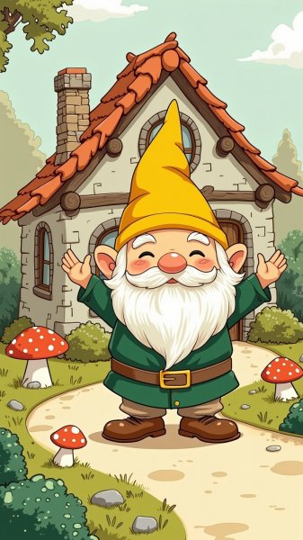 Весёлый гном у сказочного дома с грибами и тропинкой. Картинка из нейронной сети Flux 1
