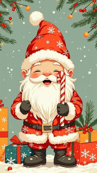 Веселый гном в костюме Санты с угощениями и подарками. Картинка из нейронной сети Flux 1