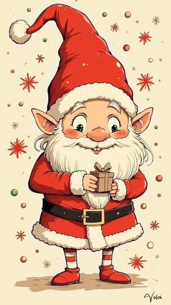 Веселый гном в костюме Санты с подарком и праздничными украшениями. Генерация из нейросети Flux Ai