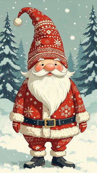 Забавный гном в костюме Санты: зимняя иллюстрация в стиле Zentangle. Нейронная сеть Flux 1