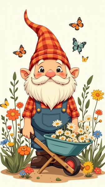 Очаровательный гном с цветами и бабочками в саду. Картинка из нейронной сети Flux 1