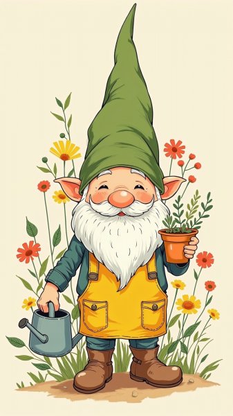 Милый гном в саду: очаровательный рисунок для детской комнаты и игрушек. Нейронная сеть Flux Ai